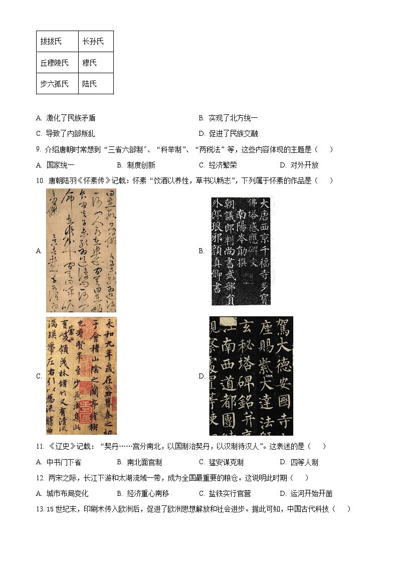 2023省哈尔滨高一上学期期末历史试题含答案02
