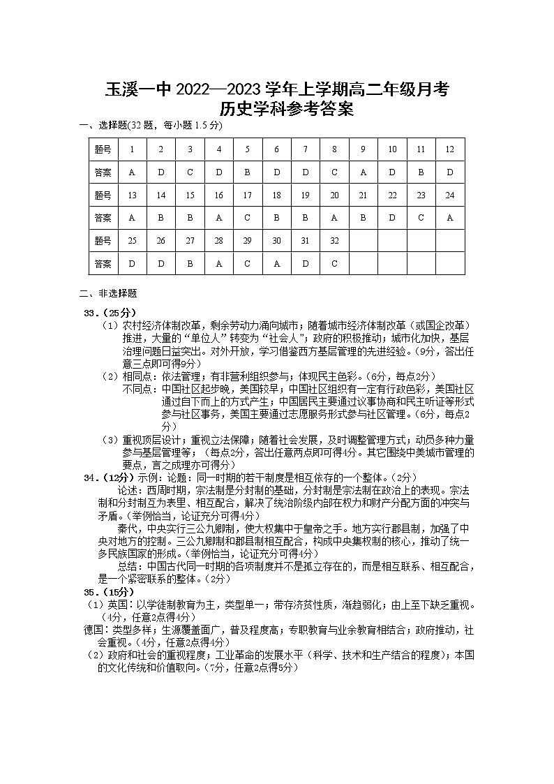2023玉溪一中高二上学期第一次月考历史试题含答案01