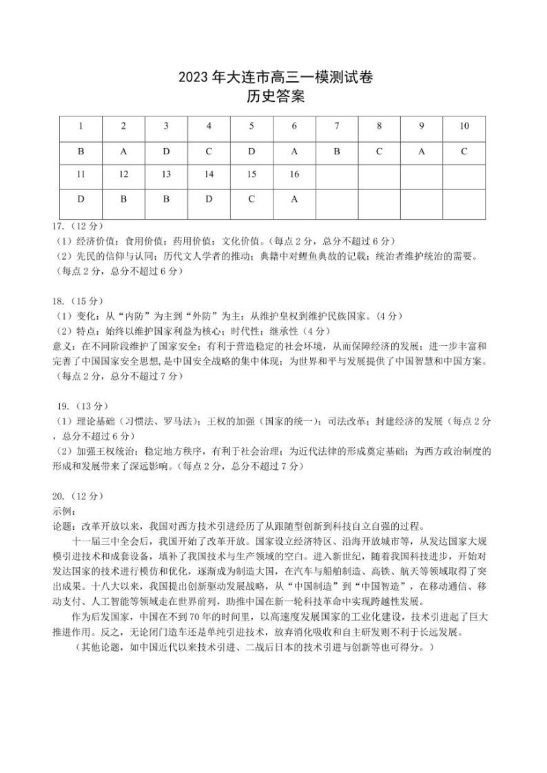 2023年辽宁省大连市高三一模历史试卷及答案01