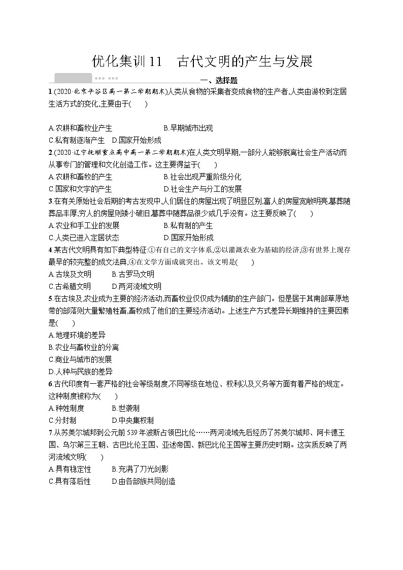 高考优化集训11 古代文明的产生与发展 试卷01