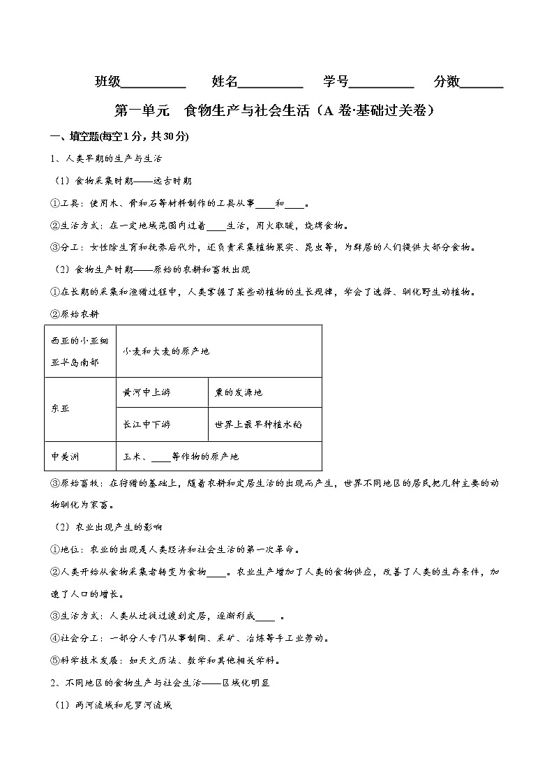 第一单元 食物生产与社会生活(A卷•基础过关卷)(原卷版)-【单元测试】2022-2023学年高二历史分层训练AB卷(选择性必修2)第1页