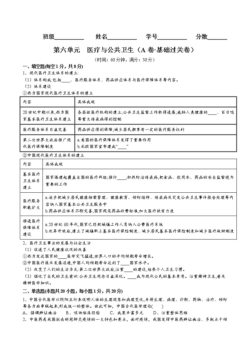 第六单元 医疗与公共卫生(A卷•基础过关卷)(原卷版)-【单元测试】2022-2023学年高二历史分层训练AB卷(选择性必修2)第1页