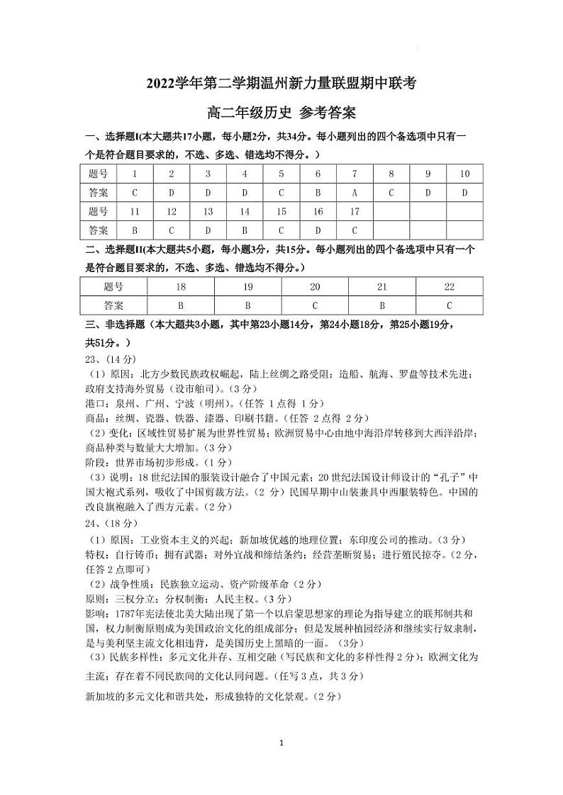 高二历史参考答案第1页