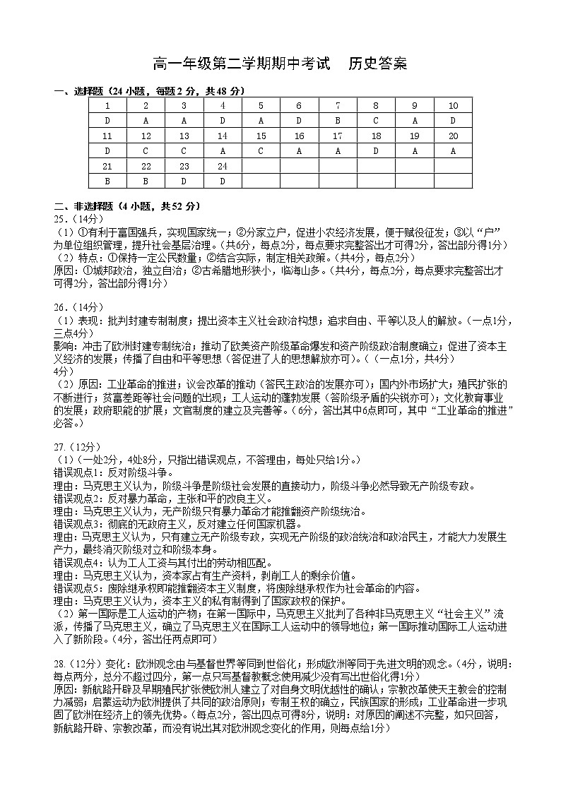 陕西省西安市长安区第一中学2022-2023学年高一下学期期中考试历史试题01