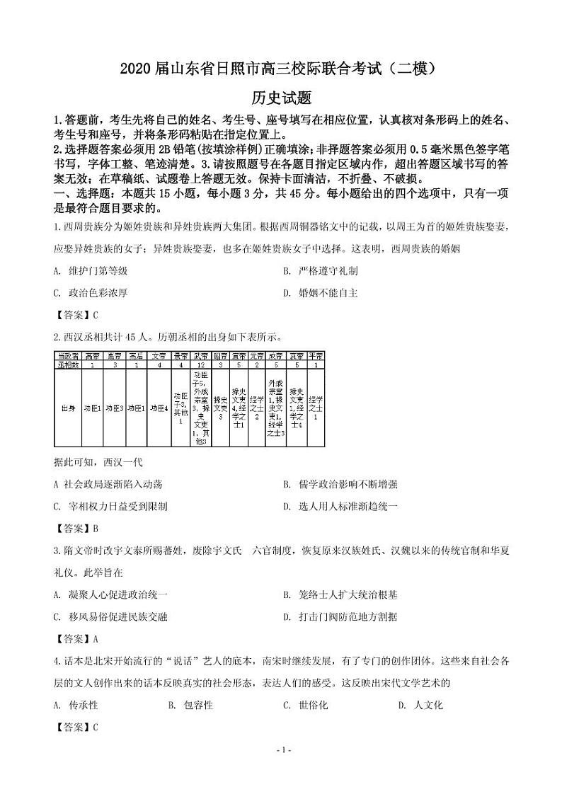 2020届山东省日照市高三校际联合考试(二模)历史试题 PDF版第1页