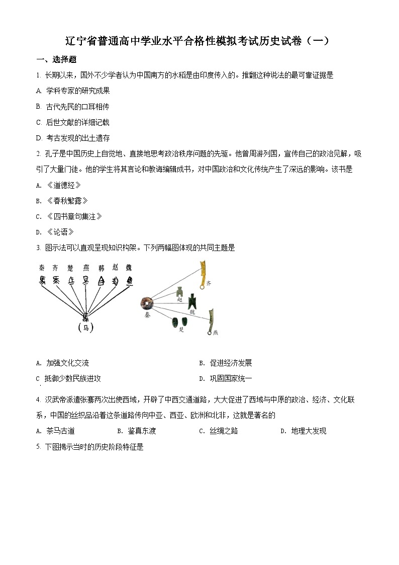 精品解析：辽宁省2021年普通高中学业水平考试模拟（一）历史试题（合格考）01