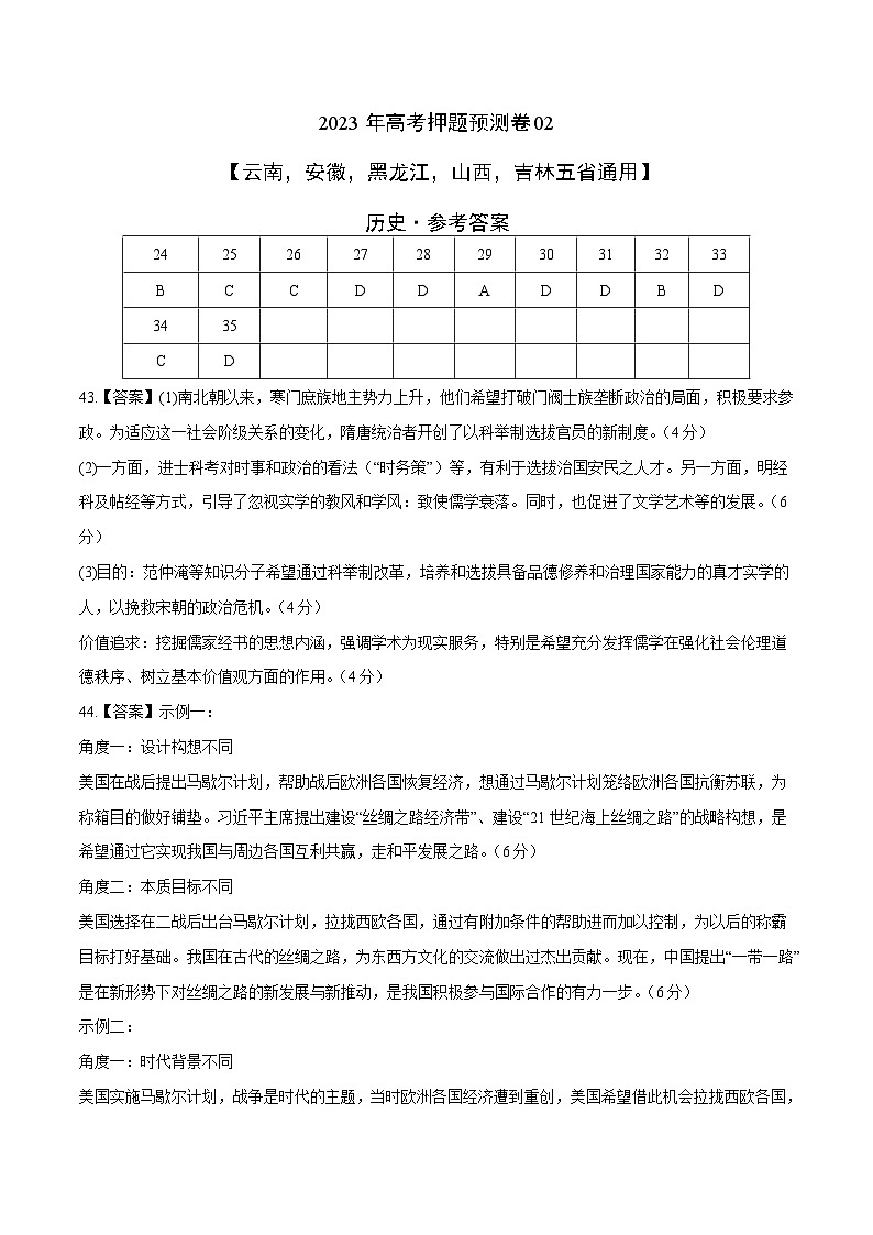 2023年高考押題預(yù)測(cè)卷02（云南，安徽，黑龍江，山西，吉林五省通用）-歷史（參考答案）第1頁(yè)