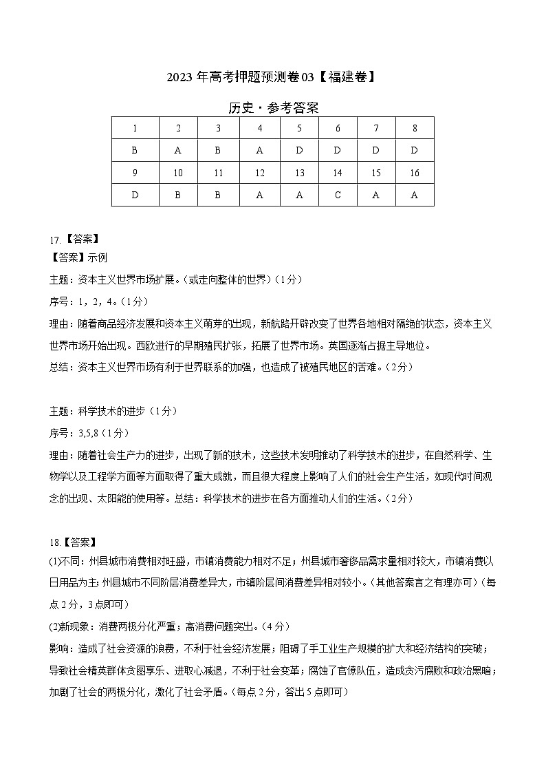 2023年高考押题预测卷03(福建卷)-历史(参考答案)第1页