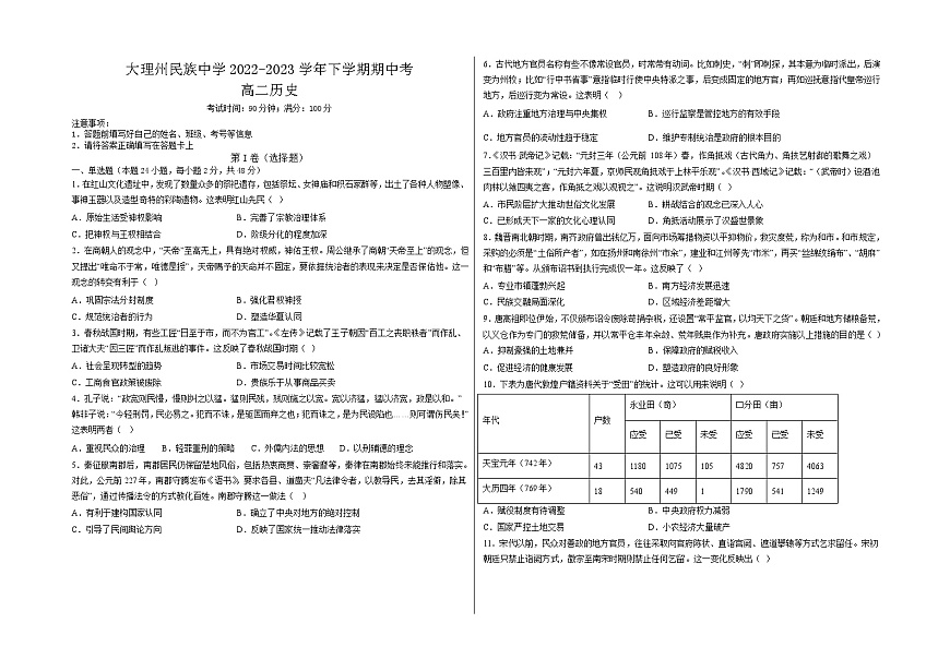 大理州民族中學(xué)2022-2023學(xué)年下學(xué)期期中考高二歷史第1頁(yè)