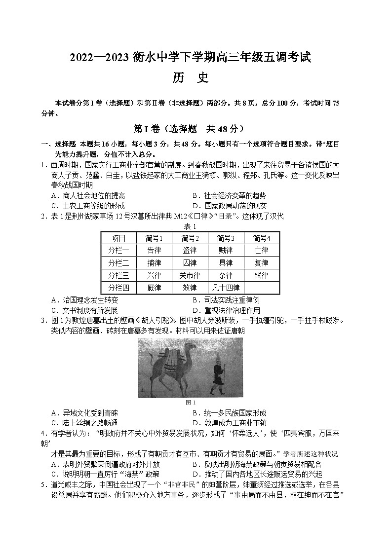 河北省衡水中学2022-2023学年高三历史下学期五调考试试题(Word版附答案)第1页