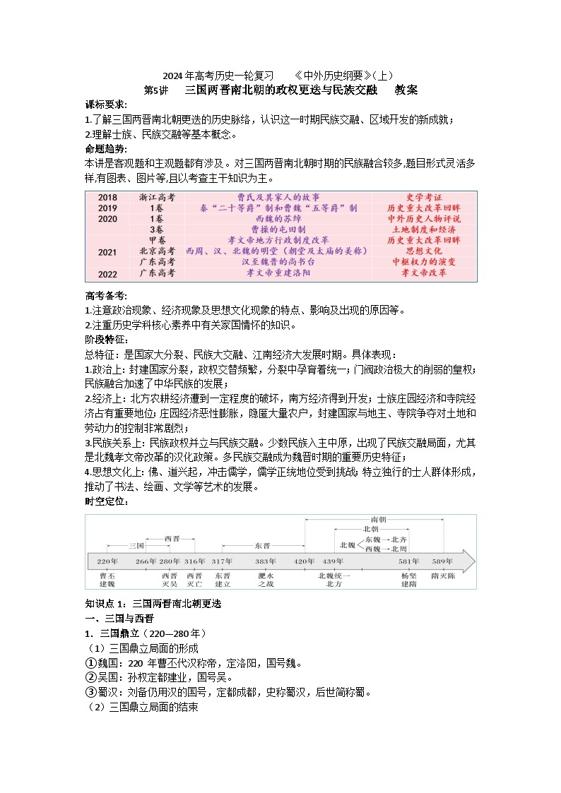 第5讲 三国两晋南北朝的政权更迭与民族交融 教案--2024届高三统编版（2019）必修中外历史纲要上一轮复习01