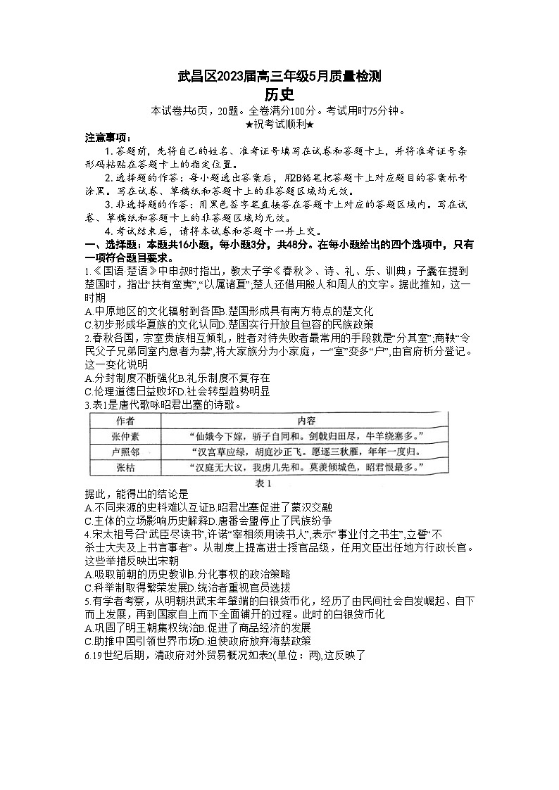 湖北省武汉市武昌区2022-2023学年高三历史下学期5月质量检测试卷(Word版附答案)01