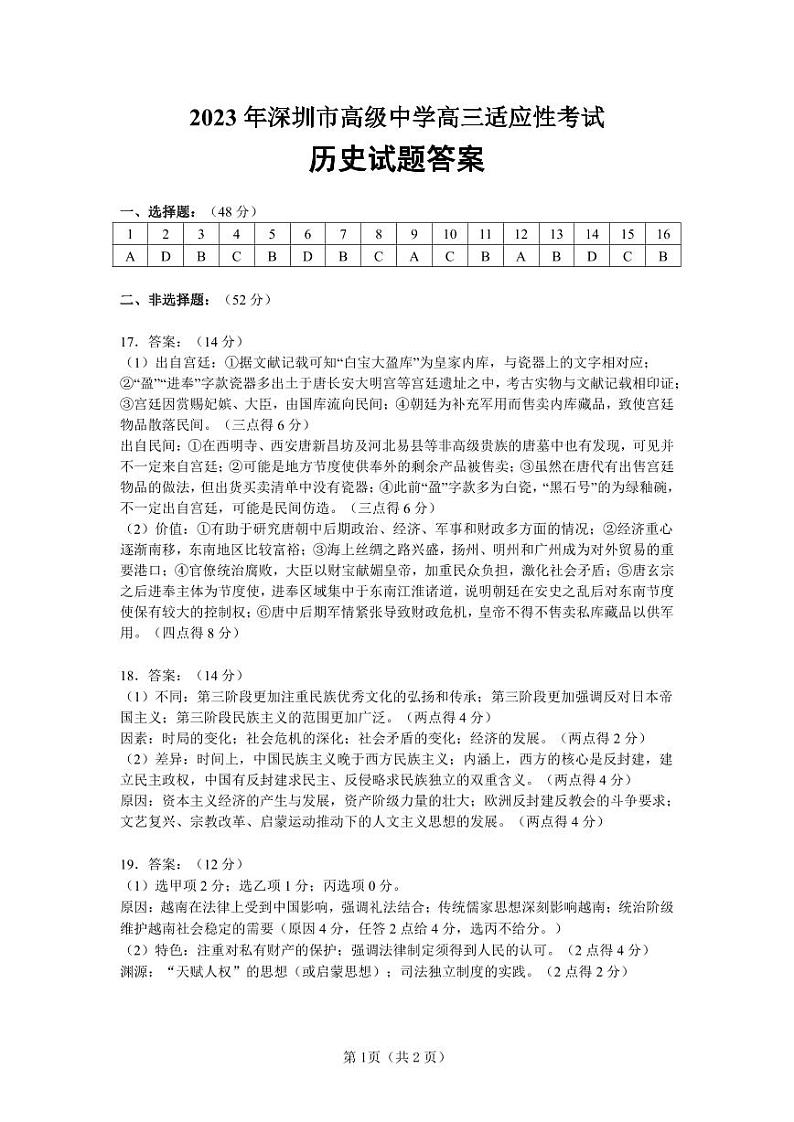 2023届广东省深圳市高级中学高三模拟预测历史试题01