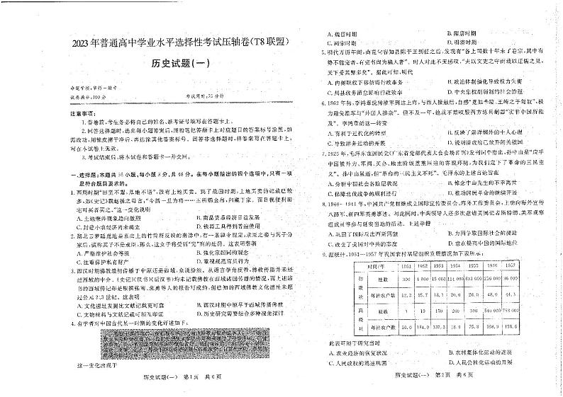 T8联盟2023年普通高中学业水平选择性考试高三历史压轴卷(华师一附中命题)PDF版含答案答题卡01