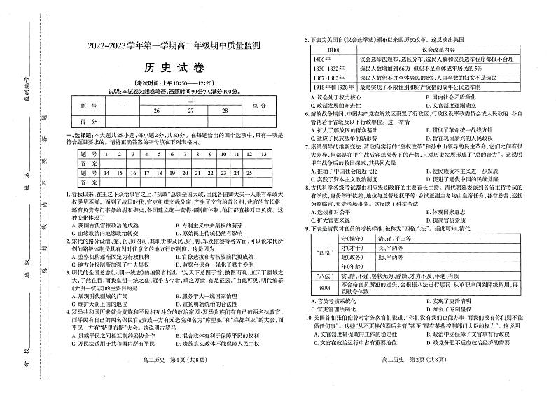 高二历史试卷第1页