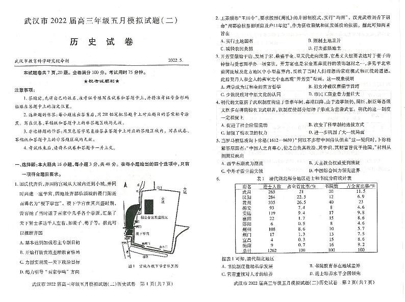 2022届湖北省武汉市高三年级五月模拟试题(二)历史试题(PDF版 含答案)第1页