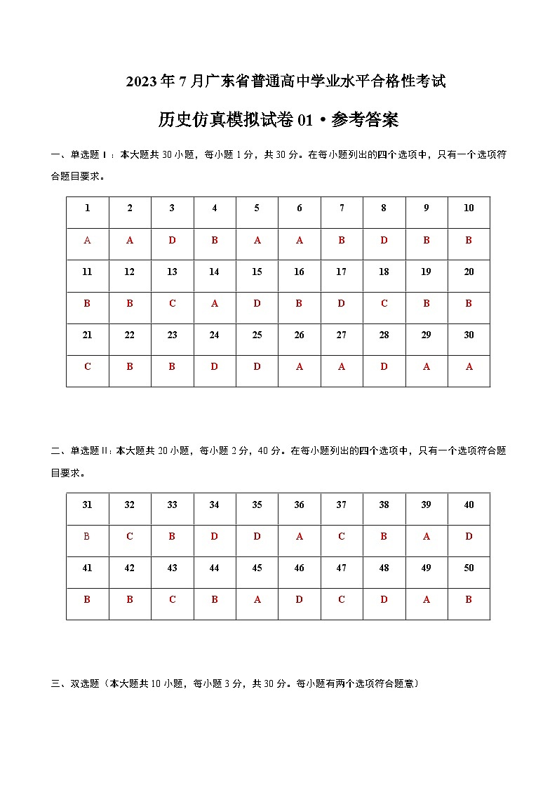 2023年7月广东省普通高中学业水平合格性考试历史仿真模拟试卷01(参考答案)第1页