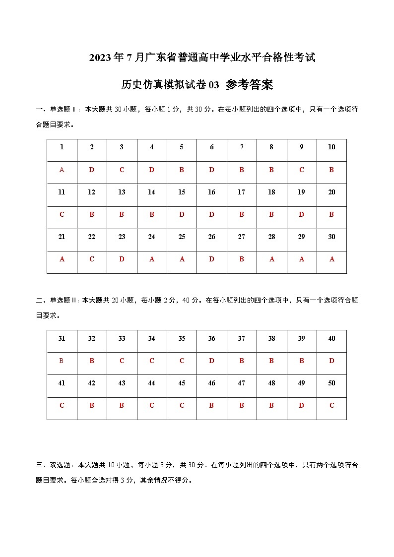 2023年7月广东省普通高中学业水平合格性考试历史仿真模拟试卷03Word版含解析01