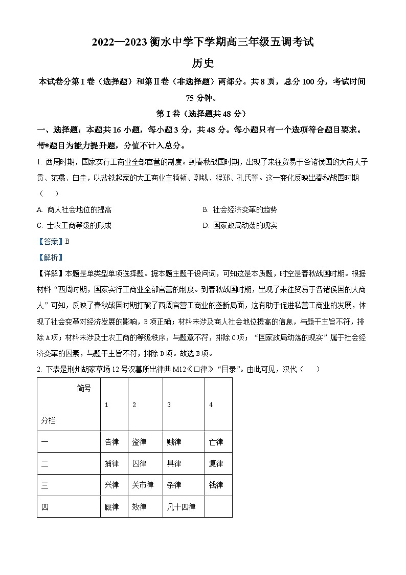 河北省衡水市河北衡水中学2023届高三下学期第五次调考历史试题(解析版)第1页