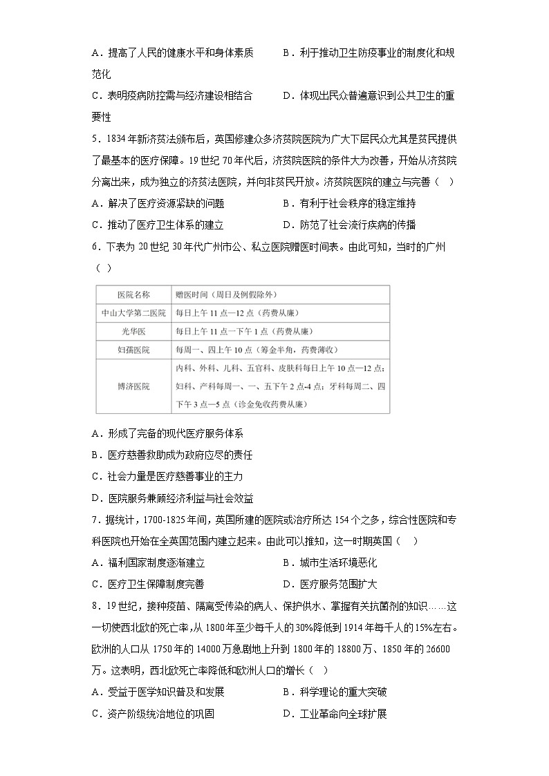 现代医疗卫生体系与社会生活 选择题刷题--2023届高三统编版历史三轮冲刺复习02
