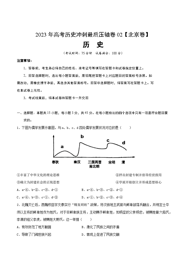 2023年高考历史冲刺最后压轴卷02(北京卷)(考试版)01