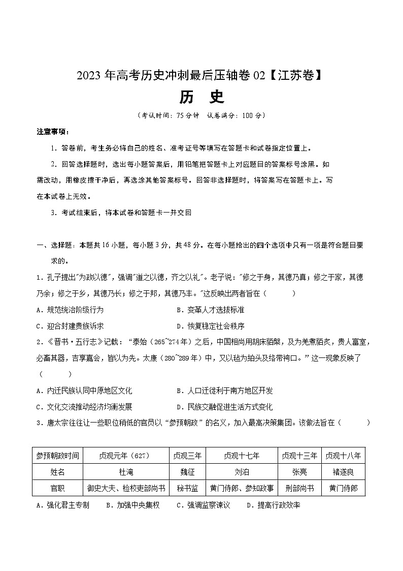 2023年高考历史冲刺最后压轴卷02(江苏卷)(考试版)01