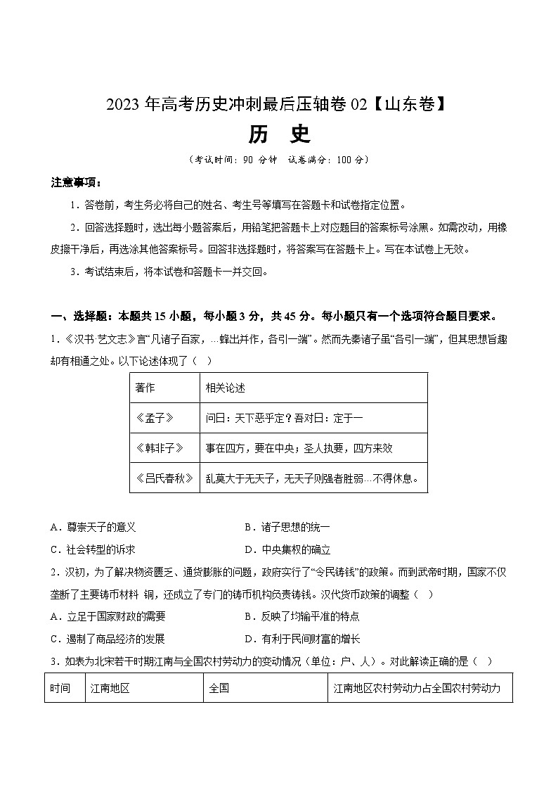 2023年高考历史冲刺最后压轴卷02(山东卷)(考试版)第1页