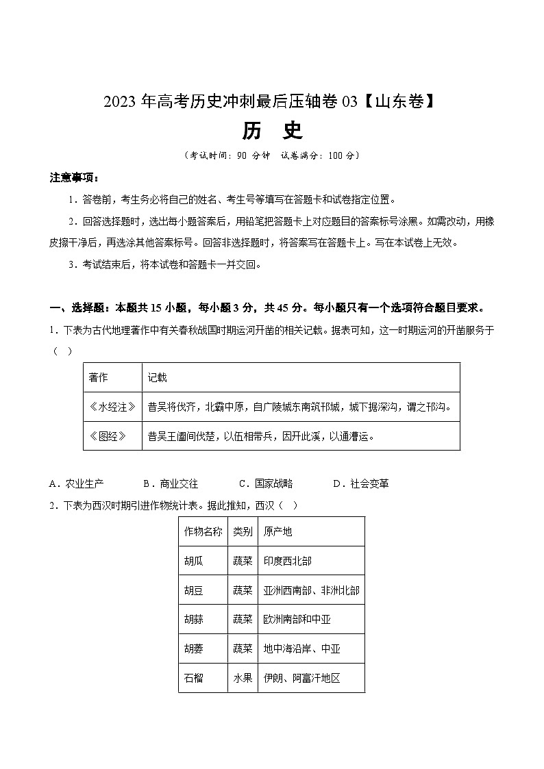 2023年高考历史冲刺最后压轴卷03(山东卷)(考试版)第1页