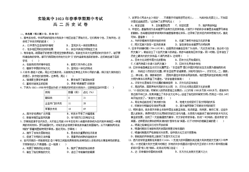 2022-2023学年湖北省仙桃市田家炳实验高级中学高二下学期期中考试历史试题含答案01