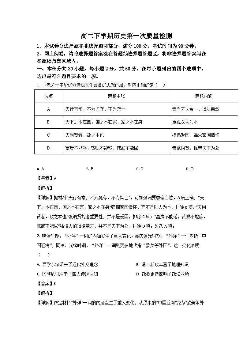 山东省烟台市莱州市重点中学2022-2023学年高二下学期第一次质量检测历史试题(原卷版解析版)01