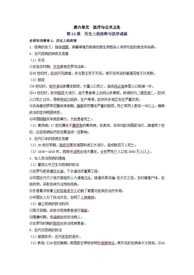 第六单元 医疗与公共卫生 ——【期末复习】高中历史全册必背知识点梳理(选择性必修二)01