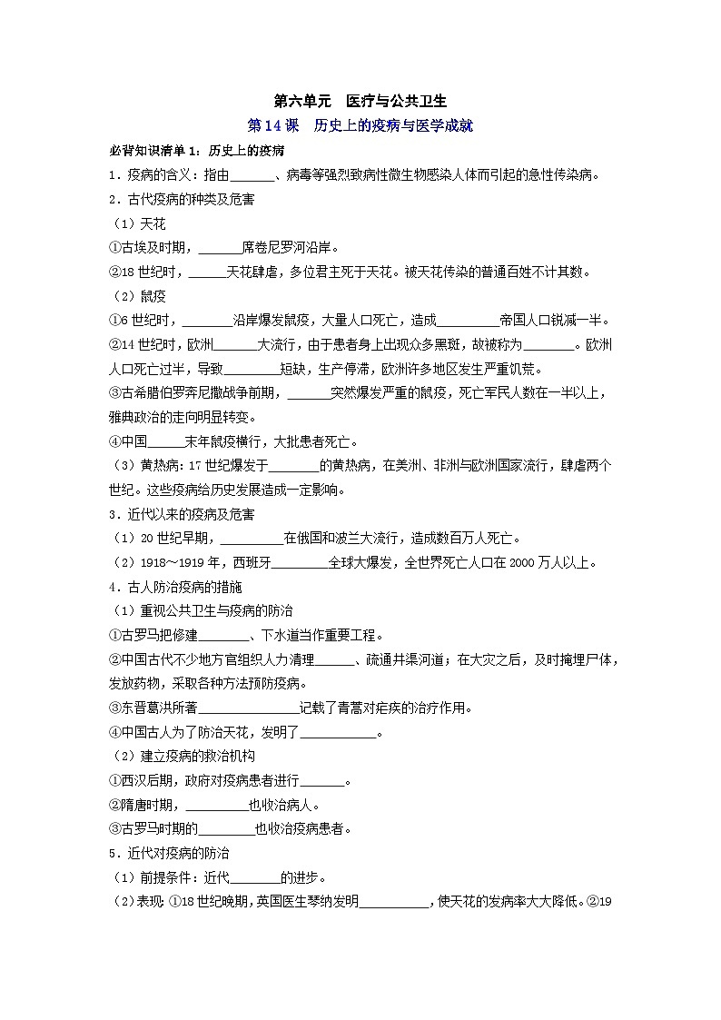 第六单元 医疗与公共卫生 ——【期末复习】高中历史全册必背知识点梳理(选择性必修二)01