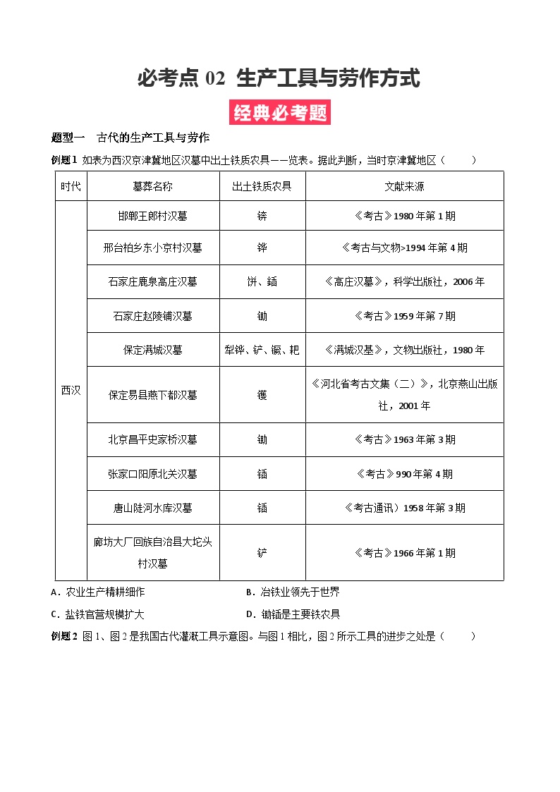 考点02  生产工具与劳作方式——高二历史下学期期末复习考点精练学案（选择性必修二 经济与社会生活）