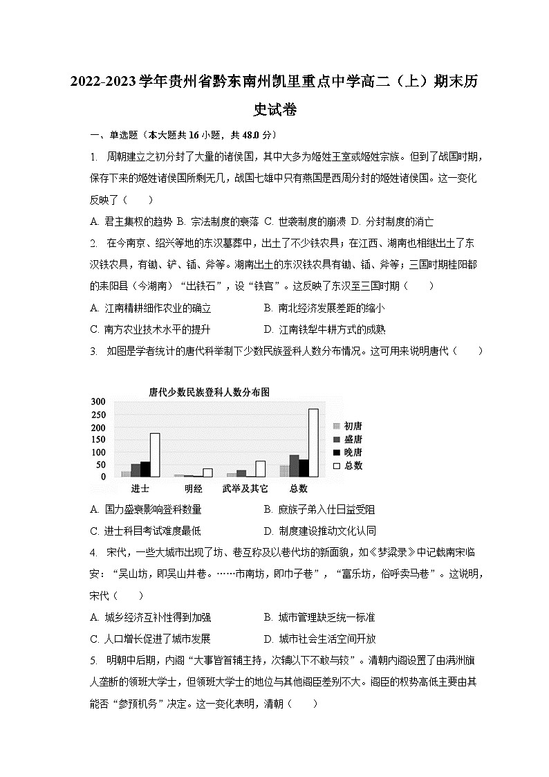 2022-2023学年贵州省黔东南州凯里重点中学高二(上)期末历史试卷01