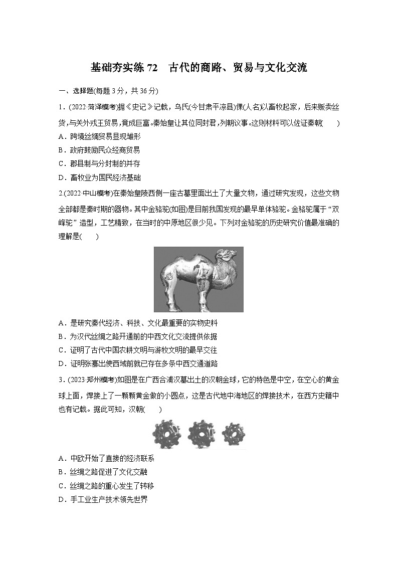 基础夯实练72 古代的商路、贸易与文化交流--2024届高三统编版历史一轮复习第1页