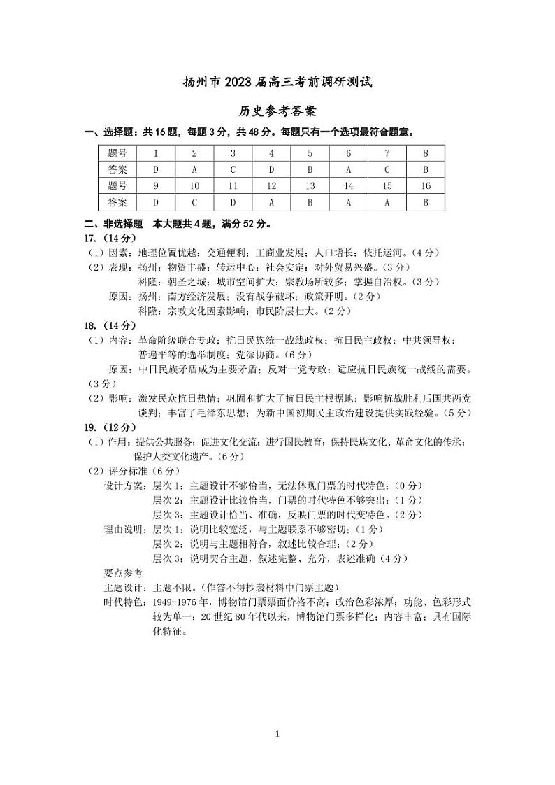 2023届江苏省扬州市高三下学期考前调研测试(三模)历史PDF版含答案01