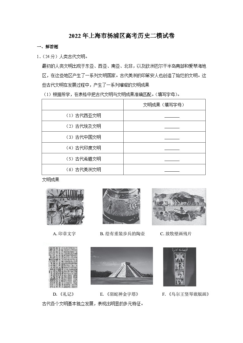 2022年上海市杨浦区高考历史二模试卷01
