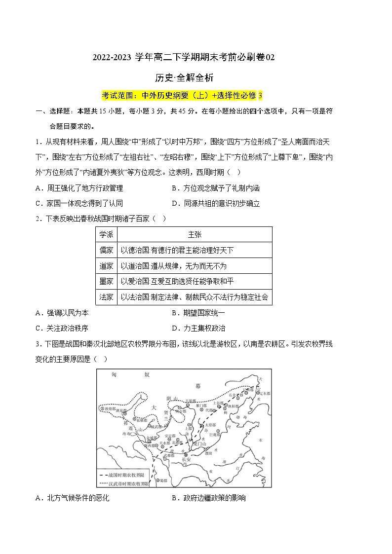 2022-2023学年高二下学期期末考前必刷卷：历史02卷（统编版）（考试版）A4