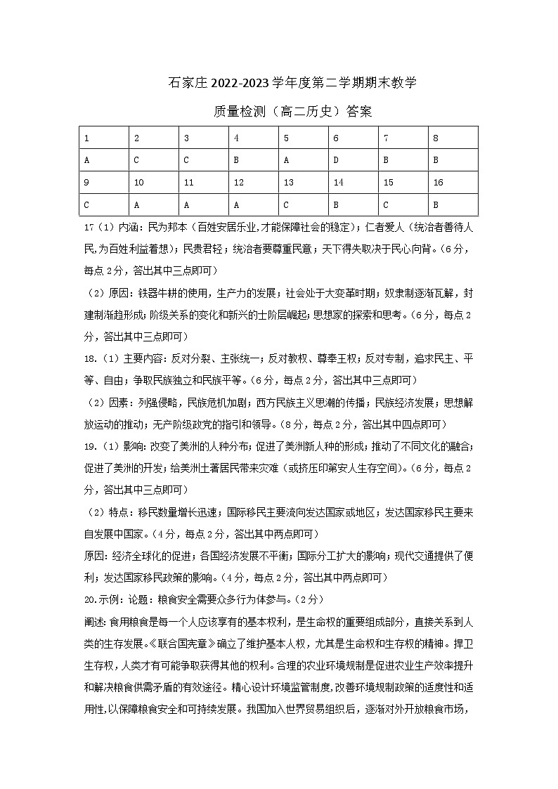 河北省石家庄市2022-2023学年高二下学期期末教学质量检测历史试题+01