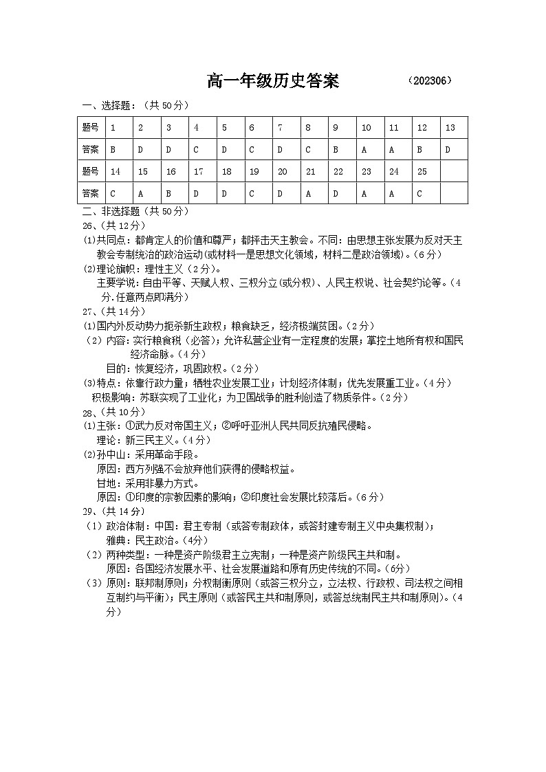 高一历史答案202306第1页