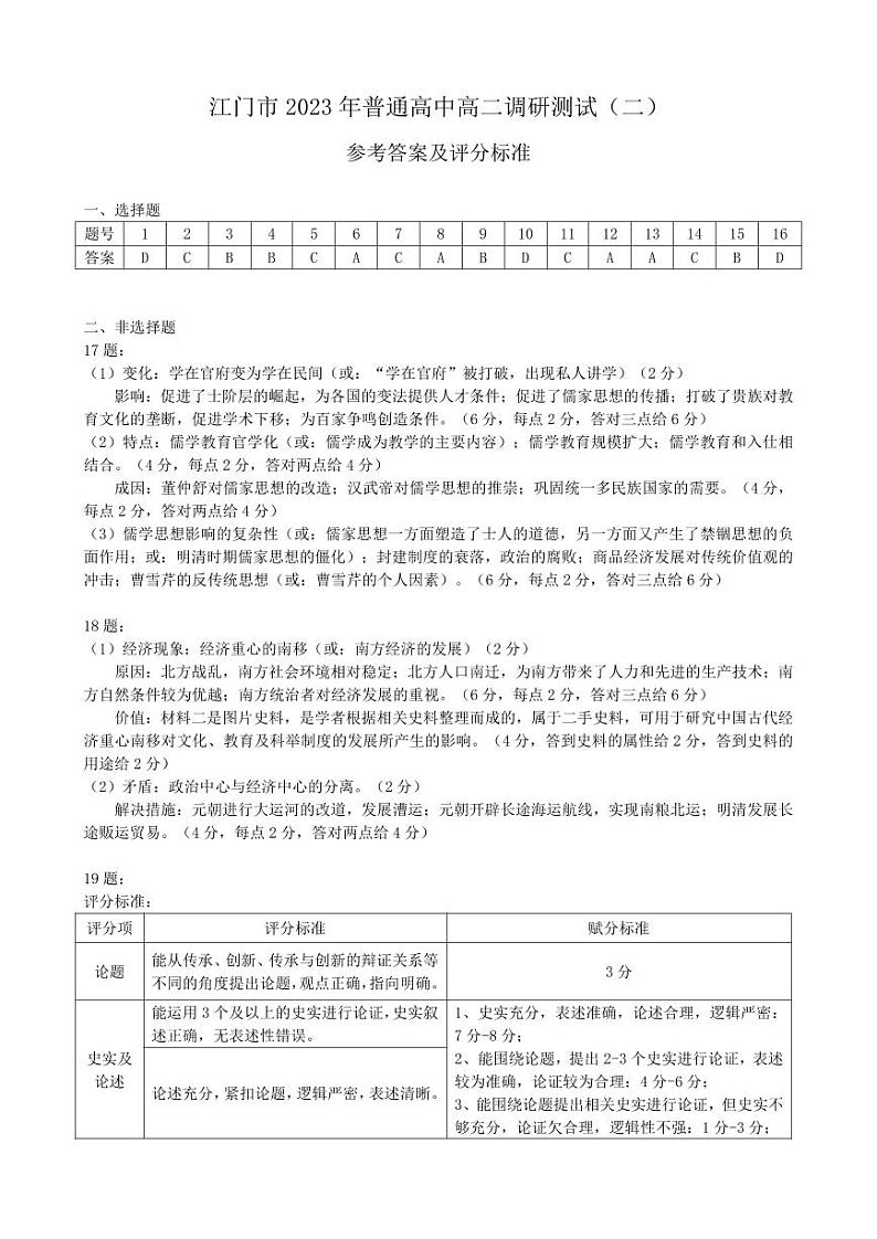 江门市2023年普通高中高二调研测试(二)参考答案第1页