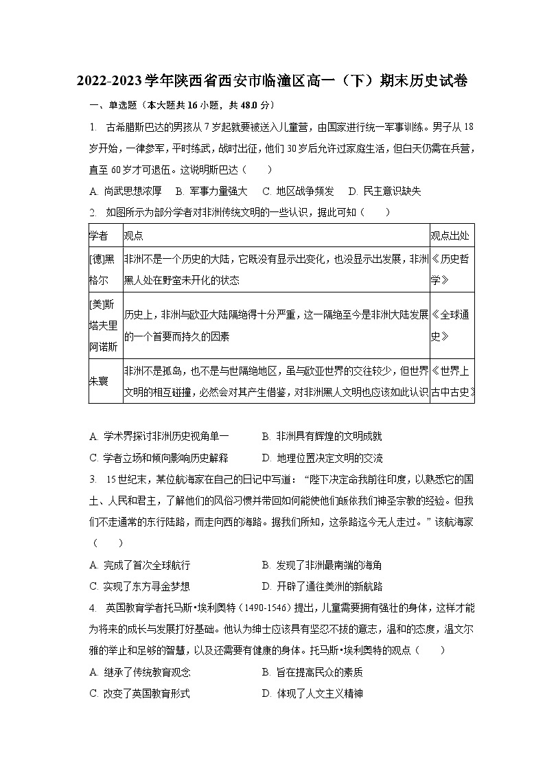 2022-2023学年陕西省西安市临潼区高一（下）期末历史试卷（含解析）01