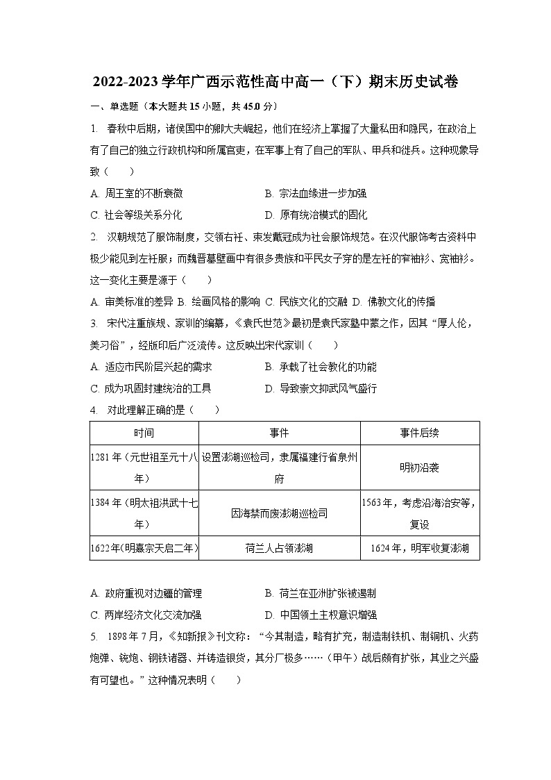 2022-2023学年广西示范性高中高一（下）期末历史试卷（含解析）01