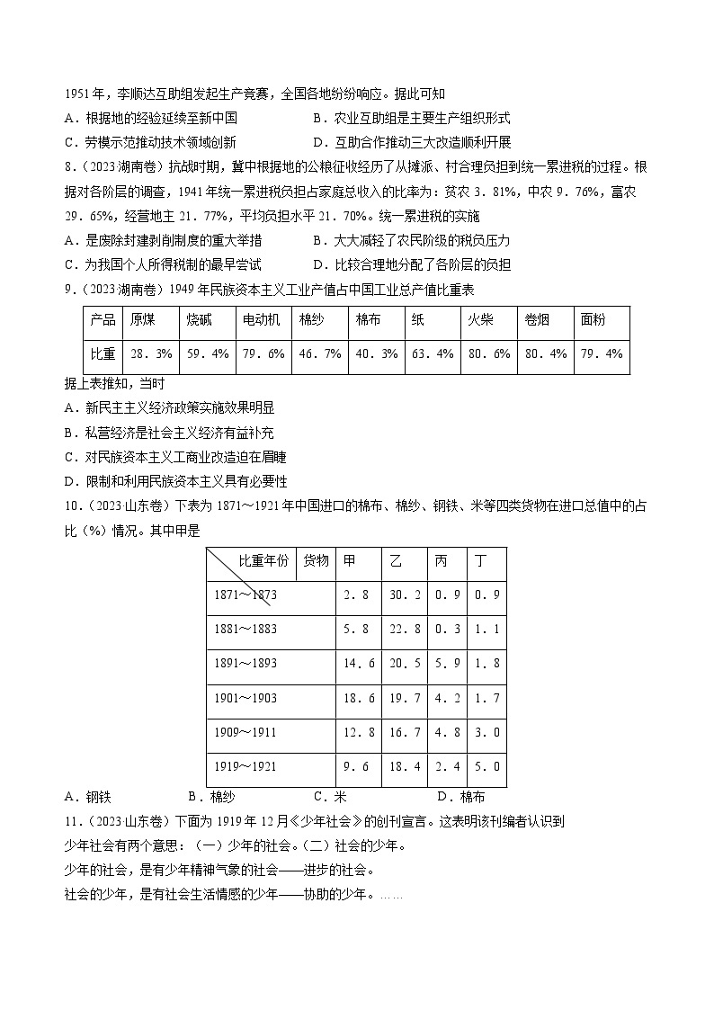 2023年高考真题和模拟题历史分项汇编（全国通用）专题07 新民主主义革命(1919-1949)（原卷版）02