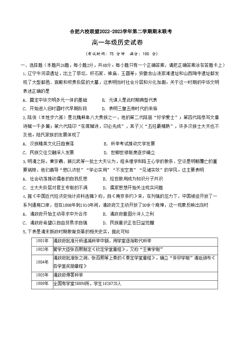 2023合肥六校联盟高一下学期期末联考历史试卷无答案第1页