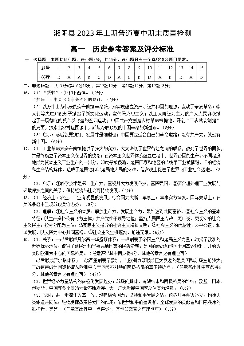 2023岳阳湘阴县高一下学期期末考试历史试题含答案01