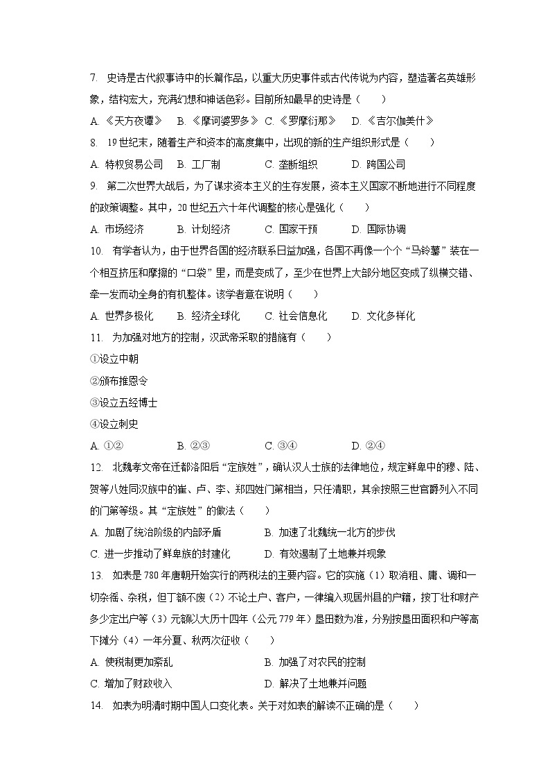 2022-2023学年浙江省台州实验中学高一（下）期末历史试卷（含解析）02
