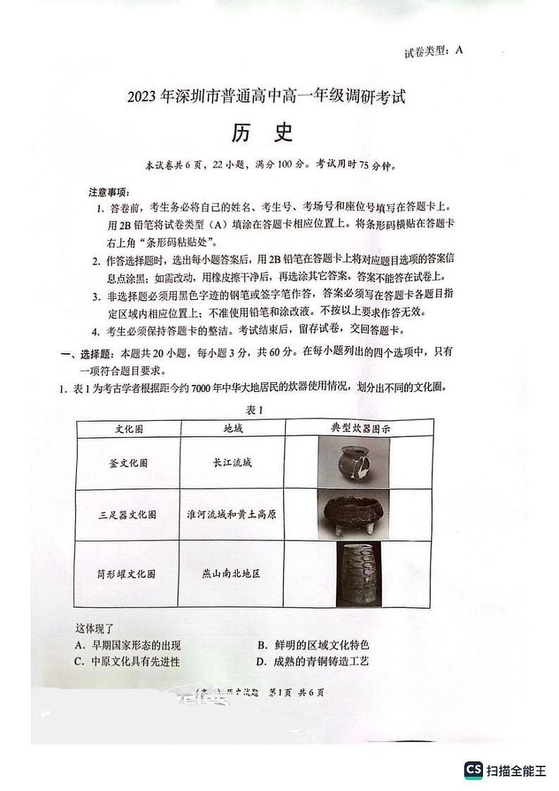 广东省深圳市2022-2023学年高一下学期期末调研考试历史试题01