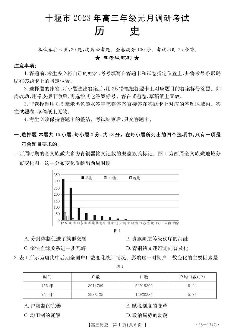 湖北省十堰市2023年高三年级元月调研金太阳联考23-174C历史试题(含答案)第1页