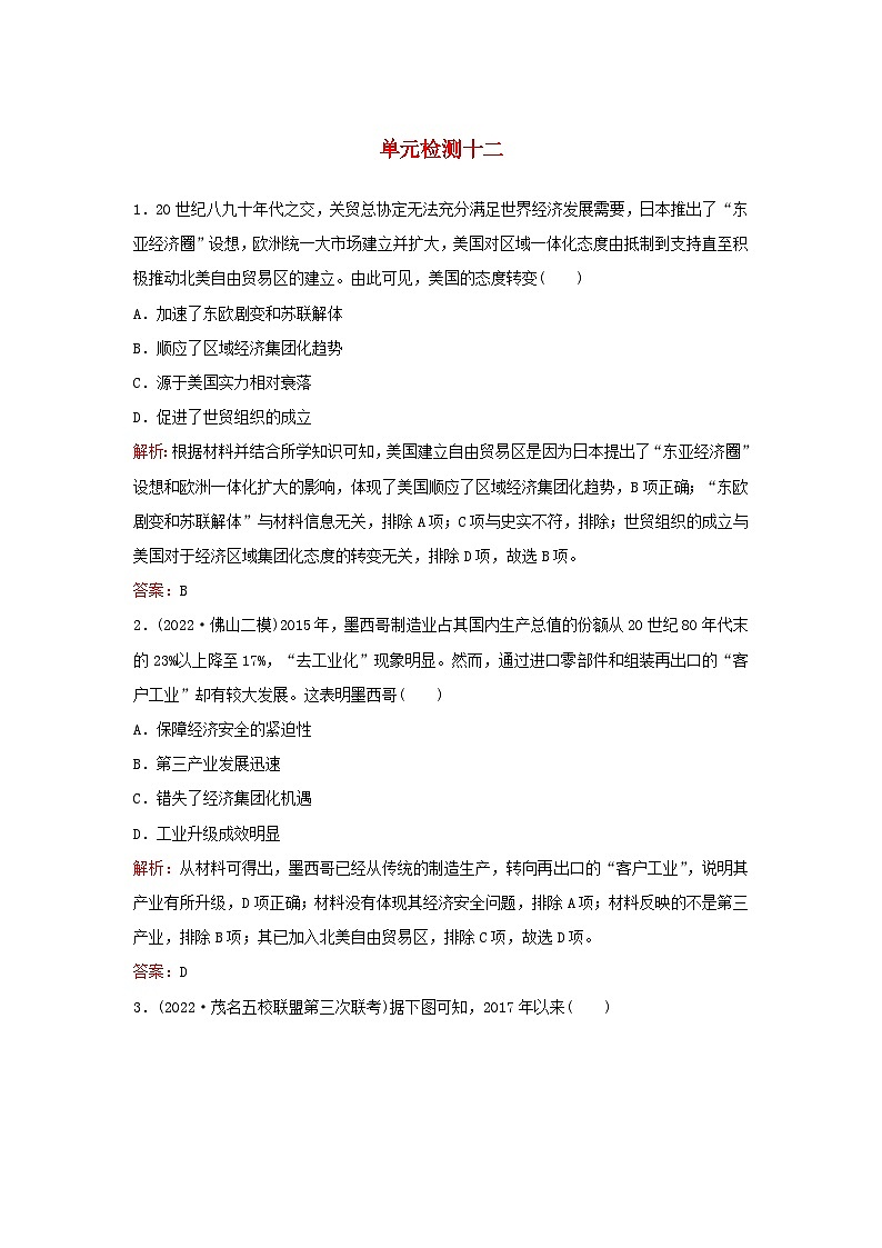 2024届高考历史一轮总复习单元检测十二第十二单元20世纪下半叶以来世界的新变化及发展的主要趋势01
